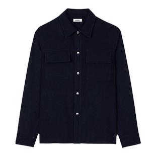 SANDRO Outlets秋冬男装法式时尚羊毛混纺深蓝色翻领合身直筒外套