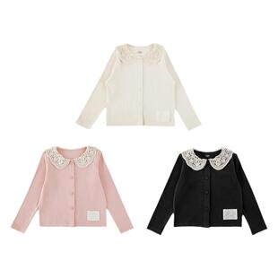 幼悠 女童古典玫瑰蕾丝翻领打底衫春秋甜美可爱坑条罗纹三色T恤潮