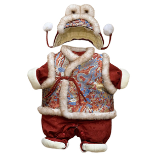 男宝宝唐装国风加厚冬装连体衣女婴儿周岁红色喜庆拜年服冬季保暖