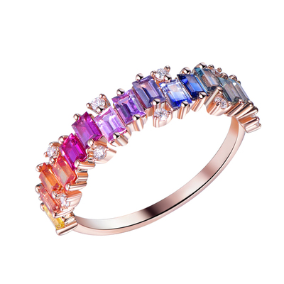 天然彩蓝宝戒指18k金镶钻排戒