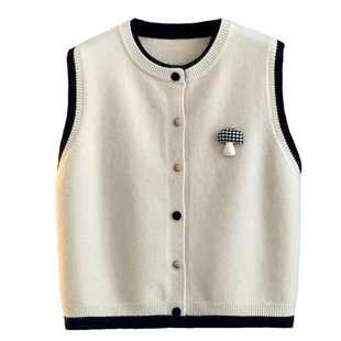 秋冬新款撞色拼接假两件针织开衫马甲女圆领无袖坎肩叠穿短款背心