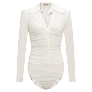 【博主同款】DVF气质白色修身长袖网纱通勤连体长袖上衣BL2S009