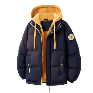 冬季潮牌男士连帽假两件棉衣美式潮流休闲宽松男女加厚保暖面包服