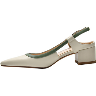 皮厚先生 米白色粗跟单鞋女浅口鞋圆头 秋季新款女鞋子真皮中跟鞋