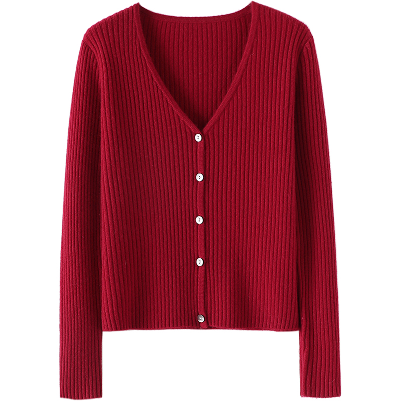 很气质哇！车厘子红纯羊绒开衫女V领坑条修身短款羊绒毛衣女外套