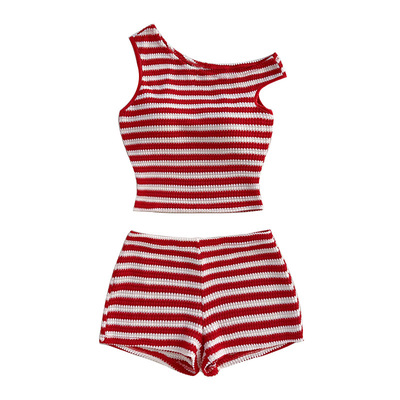 Striped Shoulder T-shirt Shorts Set 休闲条纹斜肩T恤短裤套装