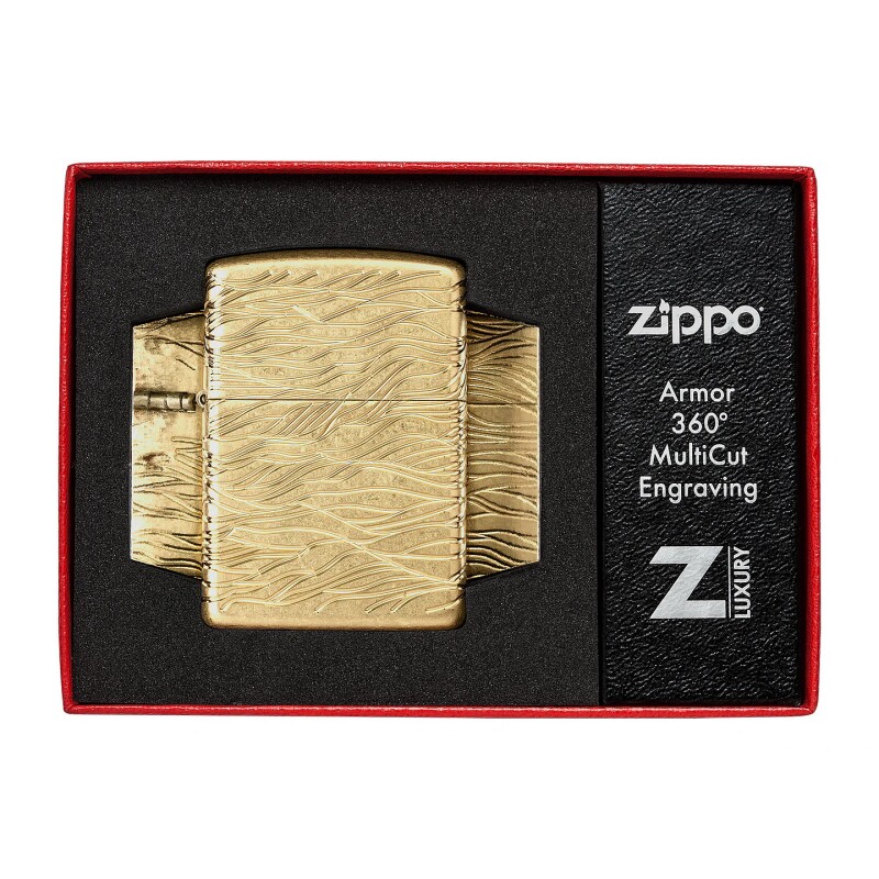 正品ZIPPO打火机美版原版盔甲黄铜花砂环绕精雕波浪纹46273耐磨型