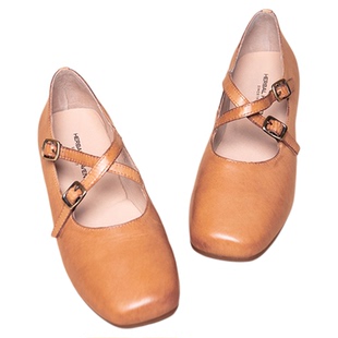 食草堂夏季浅口真皮女鞋软底超舒适通勤油蜡轻复古单鞋FDCM2504-1