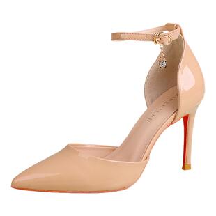 漆皮裸色细跟气质一字带高跟鞋女夏 中空配裙子凉鞋大码41-43单鞋