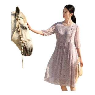 佐尔美夏季新款 时尚真丝乔其中袖碎花连衣裙女E32LS46