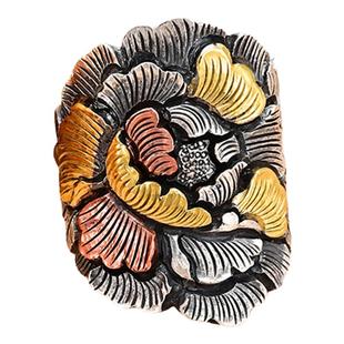 姹紫嫣红足银做旧牡丹花镶金戒指女款复古民族风錾刻手工食指戒子