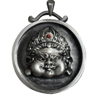 s999足银黄财神吊坠实心藏式复古手工浮雕镶南红情侣款招财项链