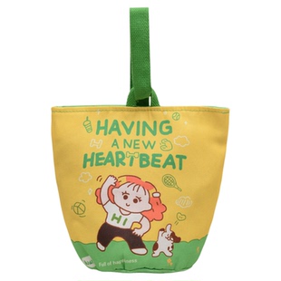 日韩搞怪插画可爱卡通女孩手提帆布水桶包百搭休闲圆筒便当餐盒包