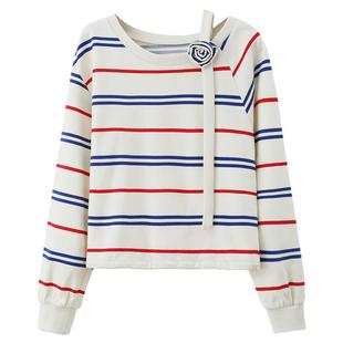 【清仓秒杀】秋韩系上衣小个子小众慵懒风时尚洋气斜肩条纹卫衣女