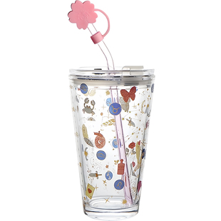 JUMPINJOK 网红星空杯子家用水杯女可爱高颜值带玻璃吸管便携学生