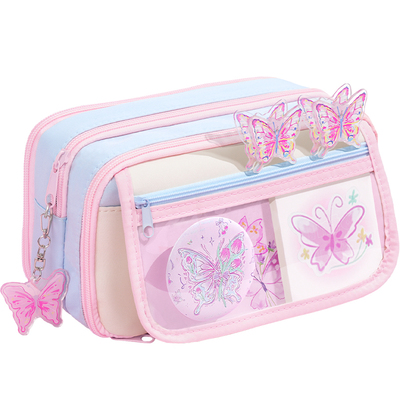 送蝴蝶徽章~13层粉蓝蝴蝶笔袋