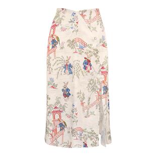 JUNGLE ME夏季乳白色手绘文艺感气质半身裙新中式盘扣开叉花苞裙