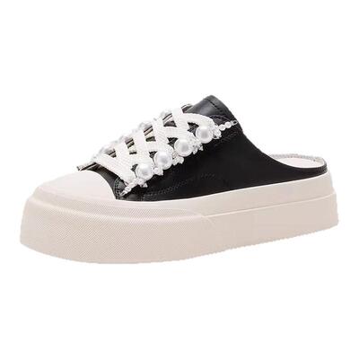 星期六珍珠系带休闲厚底半拖鞋女