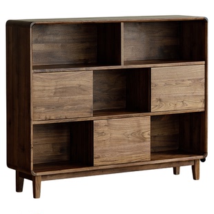 北美黑胡桃木落地书柜收纳柜带门展示柜全实木沙发边柜储物餐边柜