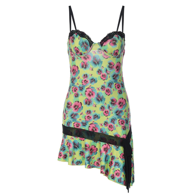 少女彩色碎花蕾丝拼接吊带连衣裙