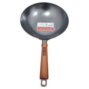 华邦老式龍铁锅真不锈无涂层不易粘平底圆底加厚铸铁锅家用木把