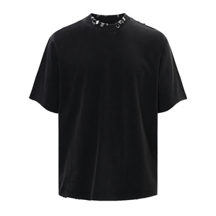 Broken Moon小众潮牌巴黎风格重工做旧金属扣短袖美式休闲宽松T恤