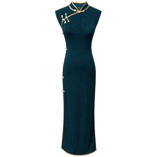 绿色新中式旗袍女夏季气质优雅中国风古法无袖盘扣修身开叉连衣裙