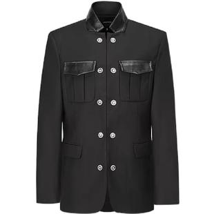 455emble立领学院风西装皮革拼接双排扣中山装西服男士中山领外套