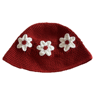韩国小众设计师款亚麻棉线花朵手工针织渔夫帽镂空毛线帽盆帽女潮