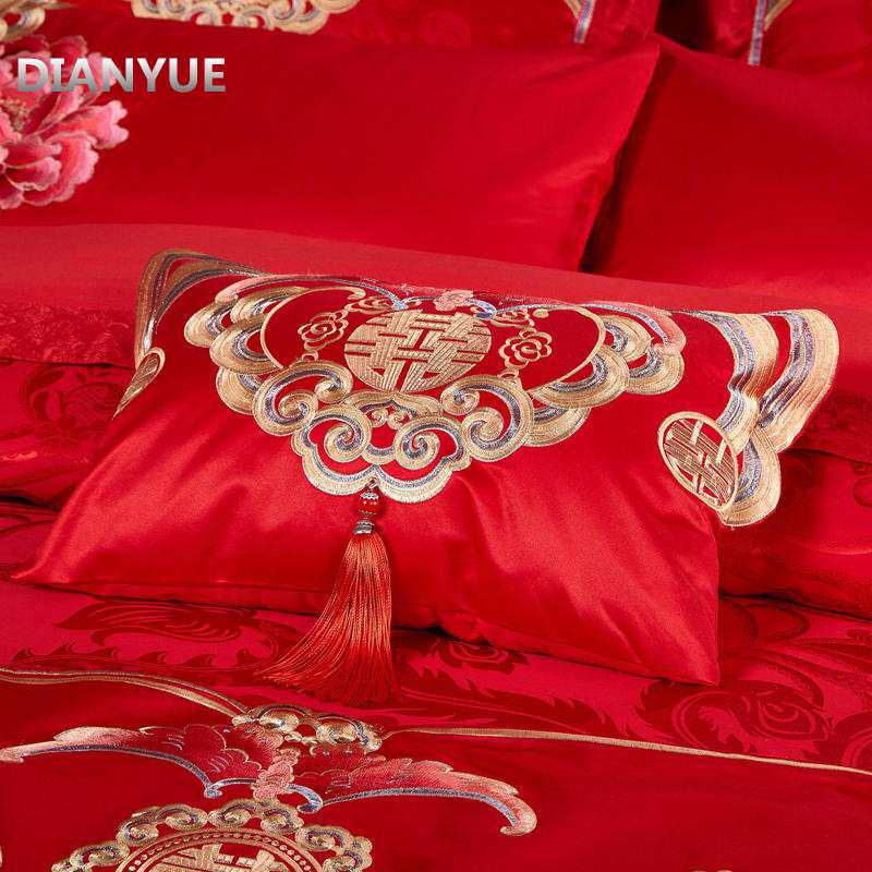 大红色纯棉小抱枕带芯精致刺绣结婚床品子孙枕婚庆配件 可拆洗