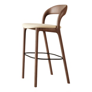 中古风白蜡实木复古吧台椅现代简约高脚凳吧台餐椅胡桃色靠背椅子