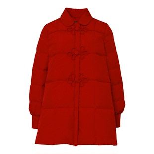 2025冬季新款时尚千金风娃娃领国风盘扣A字红色年衣加厚羽绒服女