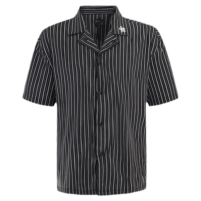 AFTERGLOW夏季短宽条纹衬衫古巴领衬衫 激光镂空刺绣休闲男装开衫