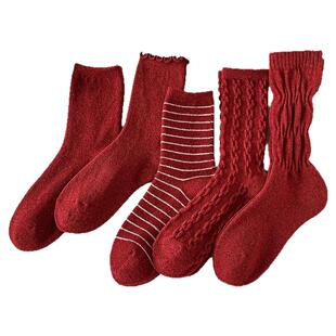 红色羊毛袜子女秋冬款中筒保暖堆堆袜加厚冬季大红本命年羊绒加绒