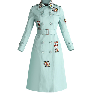 芭知彩秋秋奢华手工缝制水钻双排扣中长款薄荷绿通勤OL英伦风衣女