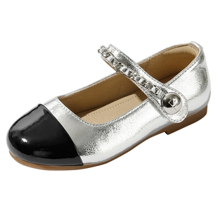 百丽童鞋儿童时尚单鞋女童洋气百搭公主鞋秋季女孩银色小香风皮鞋