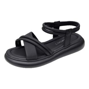 品牌真皮厚底一脚蹬凉鞋女2025夏季新款外穿踩屎感沙滩罗马凉鞋子