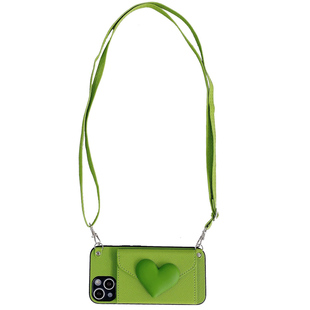 绿色大爱心零钱包适用iphone17promax手机壳苹果15斜挎16promax女款14pro背带式挂绳11/12皮纹13/8plus全包边