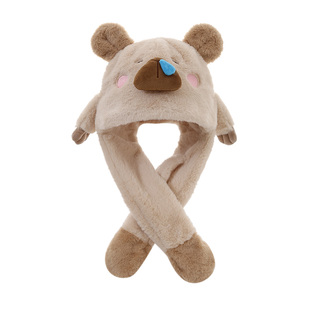 卡皮巴拉帽子儿童围巾一体围脖可爱护耳冬季男孩捏耳朵会动的冬天