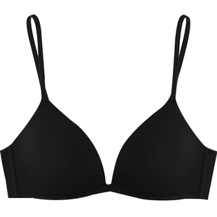 好奇小姐无痕内衣女薄款无钢圈法式三角杯文胸大胸显小胸罩套装黑