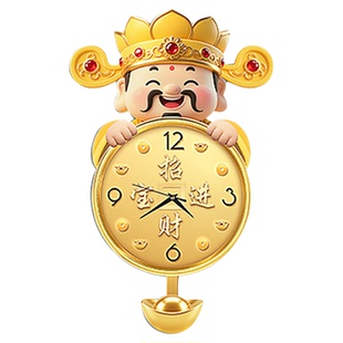 2026新款客厅静音挂钟新中式家用高档挂表摇摆钟表财神爷挂墙时钟