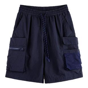 马登工装美式多口袋短裤速干机能藏青色户外轻薄款抽绳五分裤男夏