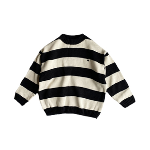 豆芽家 男童黑白条纹毛衣女童秋冬新款儿童洋气宽松圆领针织衫潮