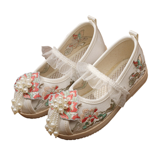 女童汉服鞋春秋古装古风宝宝中国风手工老北京布鞋儿童表演绣花鞋