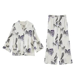 舒畅同款』丝侬真丝睡衣女士长袖v领水墨斑马桑蚕丝丝绸家居服春