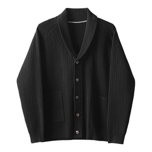 LUUD 深V青果领男士黑色提花肌理针织开衫秋冬定制树脂扣毛衣外套