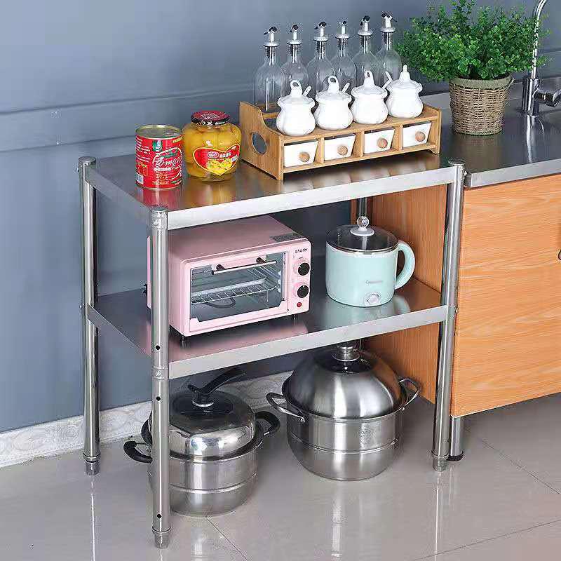 双层不锈钢厨房置物架落地两层家用橱柜微波炉烤箱台面收纳架锅架