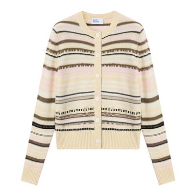 BLUE ERDOS 冬季新品气质简约圆领黄粉条纹女开衫