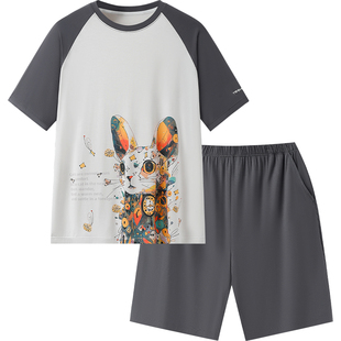 英氏莫代尔睡衣男童青少年新款分体男孩好看短袖裤夏季家居服套装