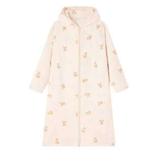 珊瑚绒加绒睡袍女款冬季连帽拉链厚睡衣秋冬天法兰绒浴袍小熊长袍